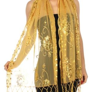 Gold Flowers & Hearts Sequin Fringed Evening Wrap Shawl Scarf Floral Wedding NWT